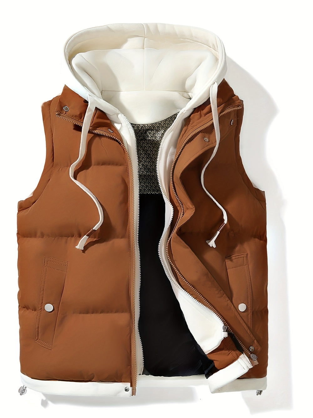 Luxury Faux Two-Piece Vest Jacket - Sleeveless, Hooded, Zip-Up Outerwear for Fall/Winter | Machine Washable