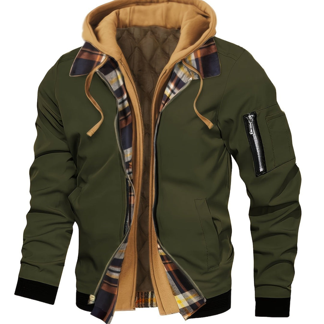 Men's Casual Fleece-Lined Hooded Jacket with Zip Pockets - Perfect for Fall & Winter