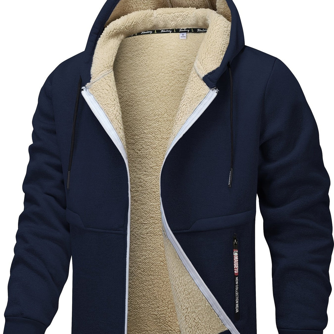 Men's Fleece-Lined Hooded Jacket - Casual, Stretchy & Breathable Zip-Up Coat for Fall/Winter Outdoor Activities - Fleece Lining - Suitable for Fall/Winter - Perfect Gift for Outdoor Enthusiasts