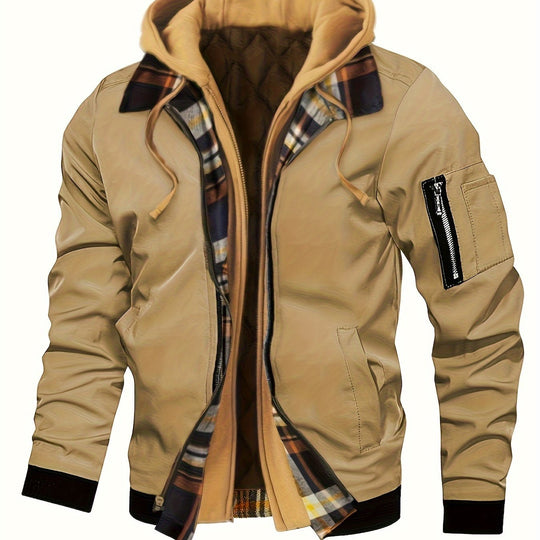 Men's Casual Fleece-Lined Hooded Jacket with Zip Pockets - Perfect for Fall & Winter