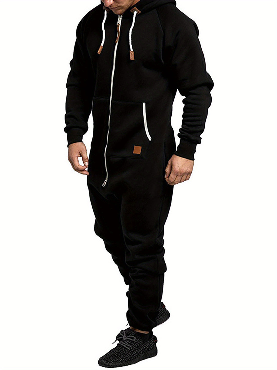 Men'S Hooded Fleece Lining Jumpsuit, Long Sleeve Full Zipper Overalls with Kangaroo Pockets