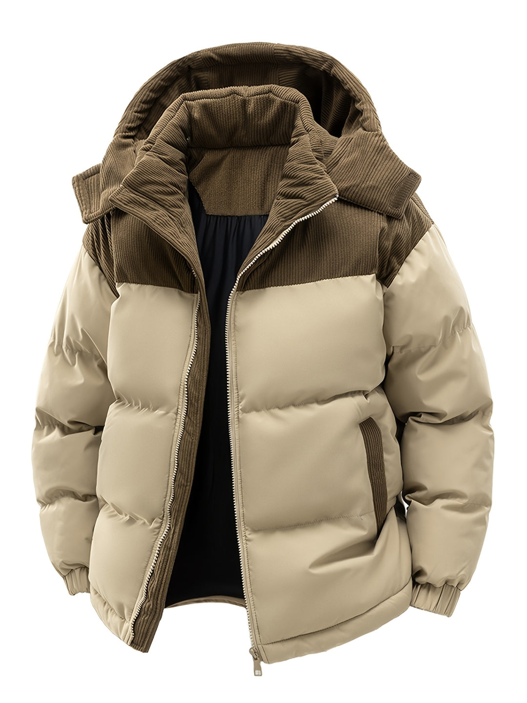 Men's Thickened Winter Parka Jacket with Hood - Casual Polyester Ski Coat, Long Sleeve, Solid Color, Pea Coat