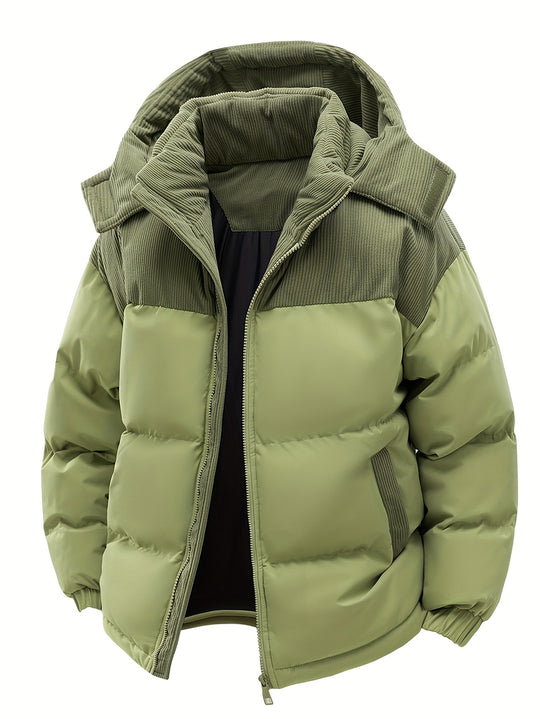 Men's Thickened Winter Parka Jacket with Hood - Casual Polyester Ski Coat, Long Sleeve, Solid Color, Pea Coat