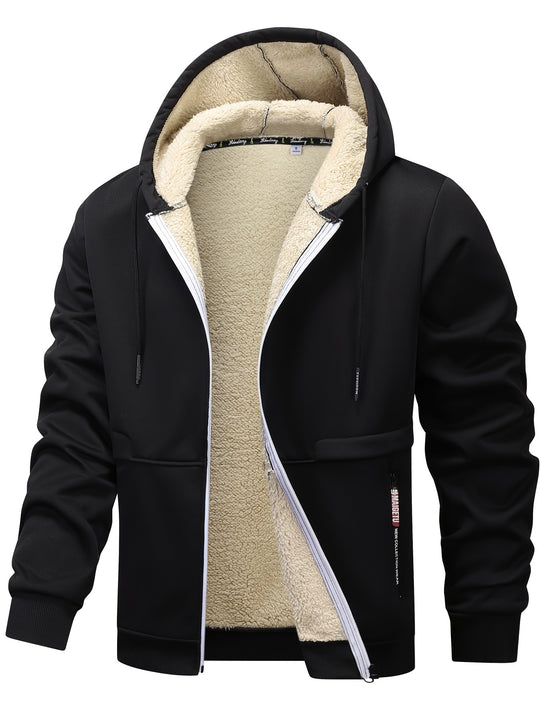 Men's Fleece-Lined Hooded Jacket - Casual, Stretchy & Breathable Zip-Up Coat for Fall/Winter Outdoor Activities - Fleece Lining - Suitable for Fall/Winter - Perfect Gift for Outdoor Enthusiasts