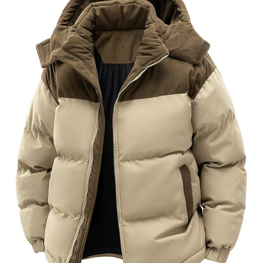 Men's Thickened Winter Parka Jacket with Hood - Casual Polyester Ski Coat, Long Sleeve, Solid Color, Pea Coat