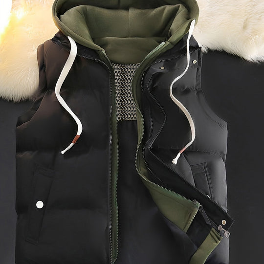 Luxury Faux Two-Piece Vest Jacket - Sleeveless, Hooded, Zip-Up Outerwear for Fall/Winter | Machine Washable