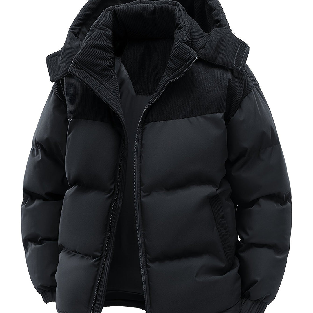 Men's Thickened Winter Parka Jacket with Hood - Casual Polyester Ski Coat, Long Sleeve, Solid Color, Pea Coat