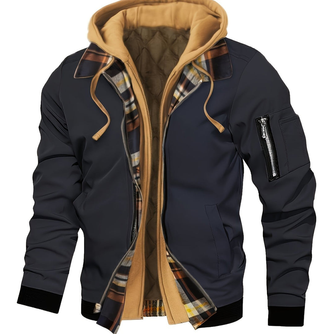 Men's Casual Fleece-Lined Hooded Jacket with Zip Pockets - Perfect for Fall & Winter