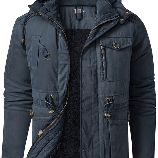 Men's Warm Thick Hooded Winter Jacket, Casual Chic Multi Pocket Cargo Jacket