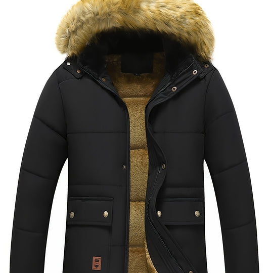 Men's Winter Warmth Hooded Jacket with Detachable Hat - Thick Fleece-Lined, Windproof Coat for Outdoor Activities