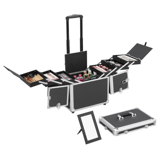 Professional Makeup Train Case Travel Makeup Trolley Rolling Cosmetic Case Beauty Train Case Beauty Organizer, Black