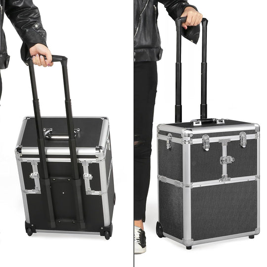 Professional Makeup Train Case Travel Makeup Trolley Rolling Cosmetic Case Beauty Train Case Beauty Organizer, Black