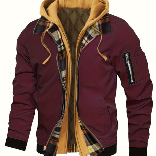 Men's Casual Fleece-Lined Hooded Jacket with Zip Pockets - Perfect for Fall & Winter