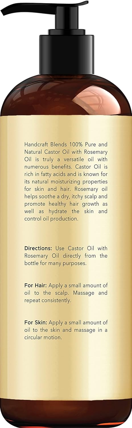 Handcraft Blends Castor Oil with Rosemary Oil for Hair Growth, Eyelashes, Eyebrows - 100% Pure and Natural Carrier Oil Hair, Body Oil - Moisturizing Massage Oil for Aromatherapy - 8 fl. Oz - EVERRD USA