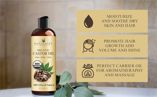 Handcraft Blends Castor Oil with Rosemary Oil for Hair Growth, Eyelashes, Eyebrows - 100% Pure and Natural Carrier Oil Hair, Body Oil - Moisturizing Massage Oil for Aromatherapy - 8 fl. Oz - EVERRD USA