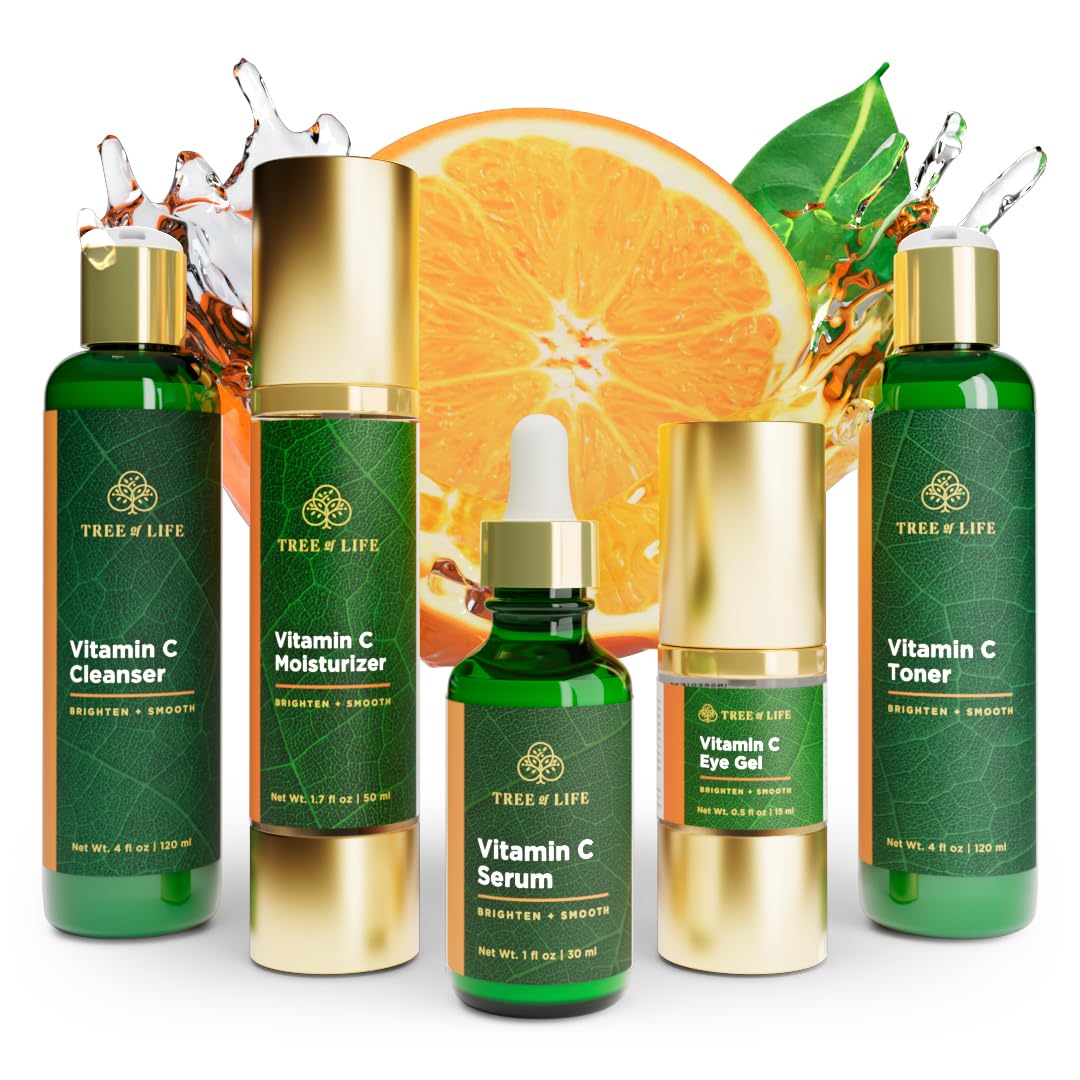 Tree of Life Vitamin C Brightening Complete 5-Pack: Serum (1 Oz), Moisturizer Cream (1.7 Oz), Eye Gel, (0.5 Oz), Toner (4 oz), Cleanser (4 oz), Renewing for Face, Clean Dermatologist-Tested Skin care - EVERRD USA