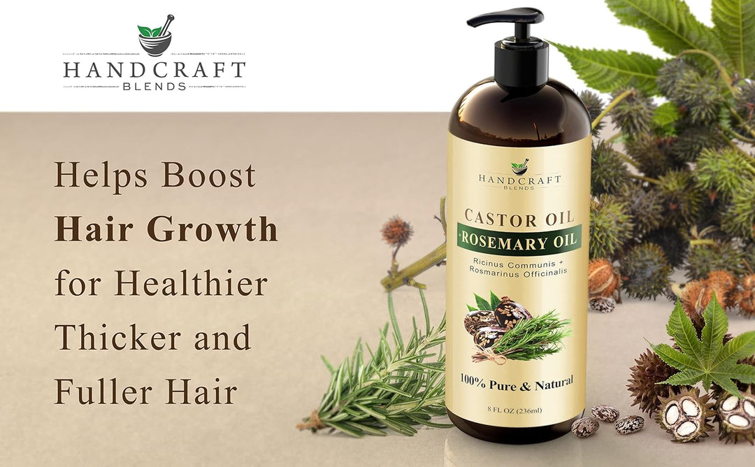 Handcraft Blends Castor Oil with Rosemary Oil for Hair Growth, Eyelashes, Eyebrows - 100% Pure and Natural Carrier Oil Hair, Body Oil - Moisturizing Massage Oil for Aromatherapy - 8 fl. Oz - EVERRD USA