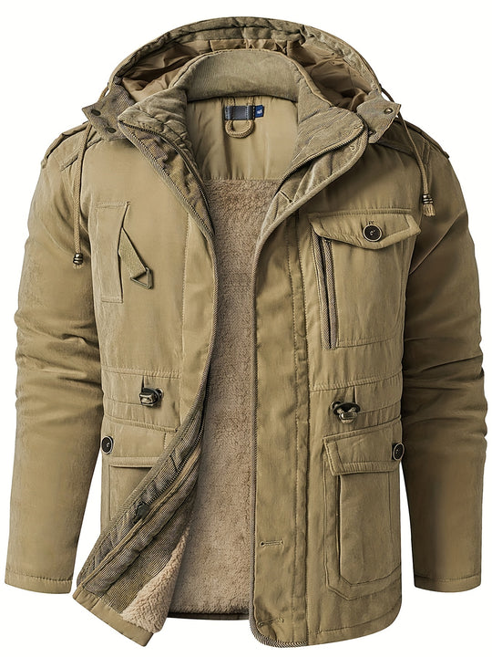 Men's Warm Thick Hooded Winter Jacket, Casual Chic Multi Pocket Cargo Jacket