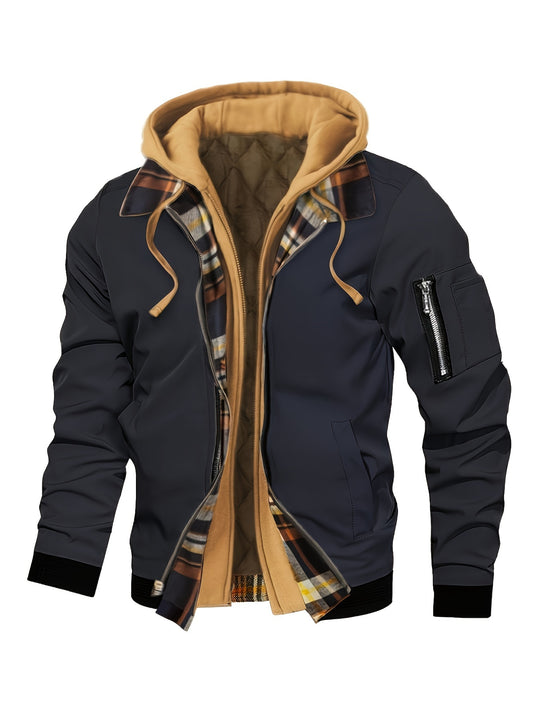 Men's Casual Fleece-Lined Hooded Jacket with Zip Pockets - Perfect for Fall & Winter