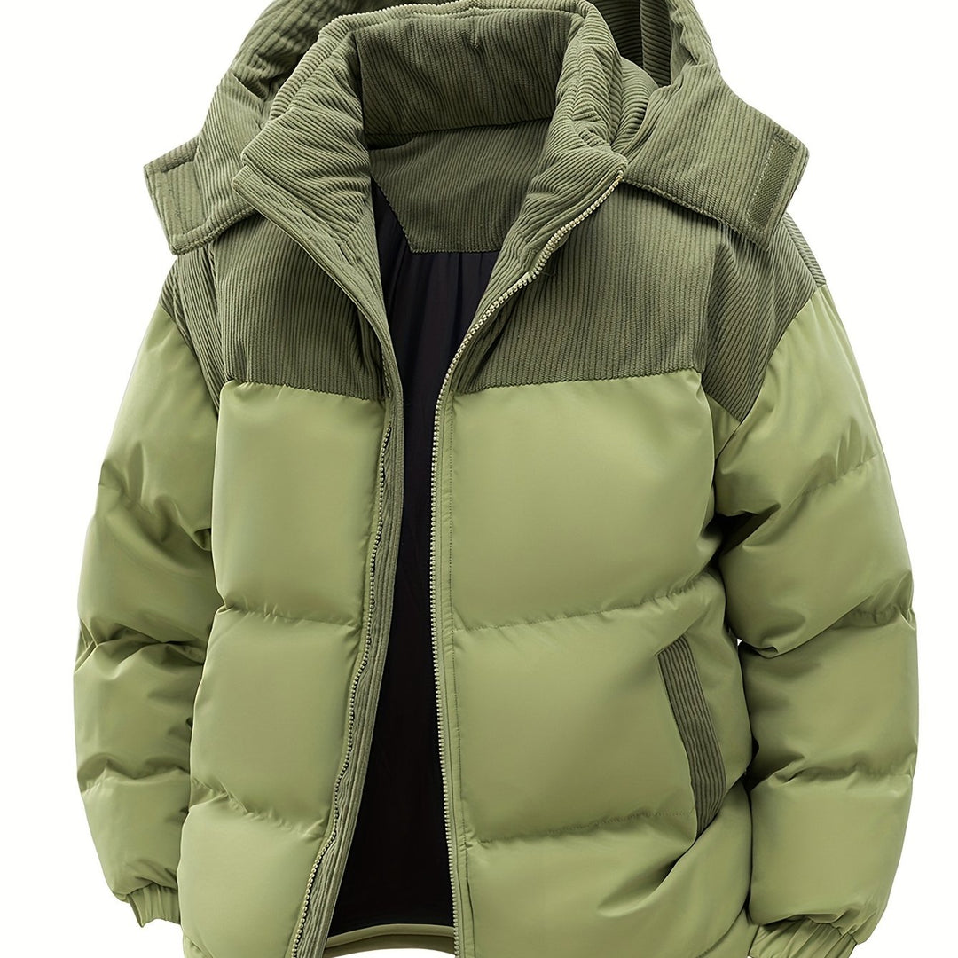 Men's Thickened Winter Parka Jacket with Hood - Casual Polyester Ski Coat, Long Sleeve, Solid Color, Pea Coat