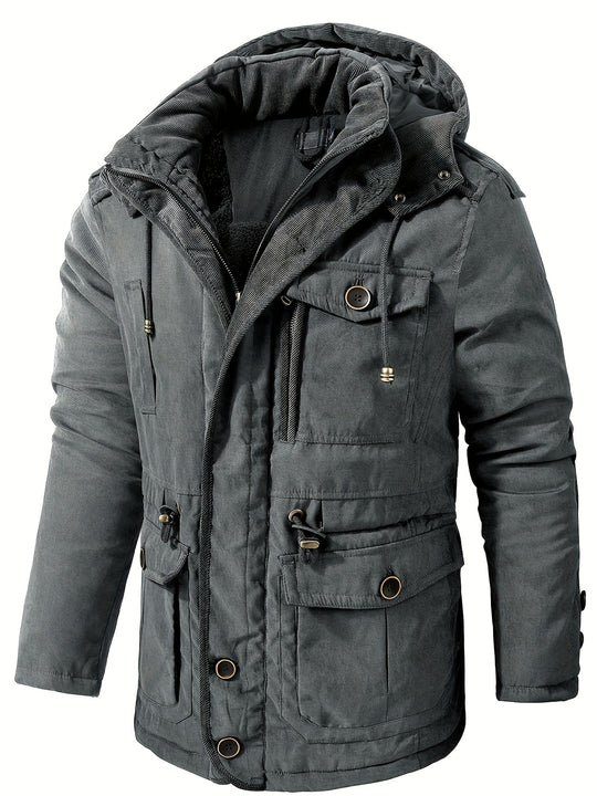 Men's Warm Thick Hooded Winter Jacket, Casual Chic Multi Pocket Cargo Jacket