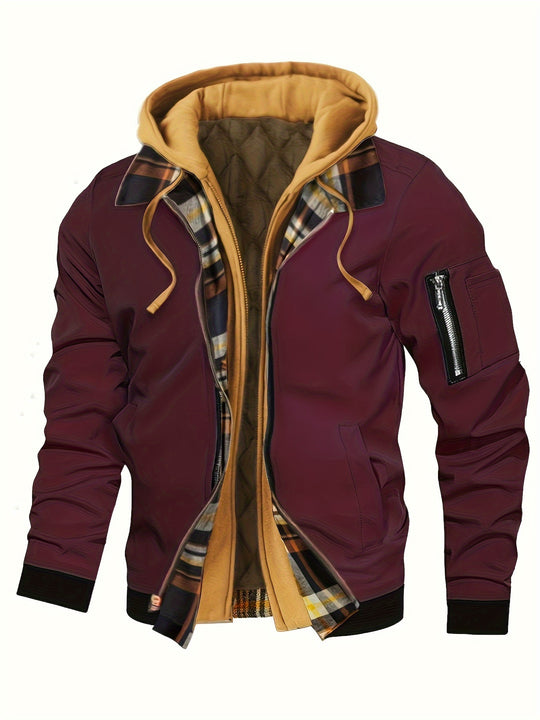 Men's Casual Fleece-Lined Hooded Jacket with Zip Pockets - Perfect for Fall & Winter