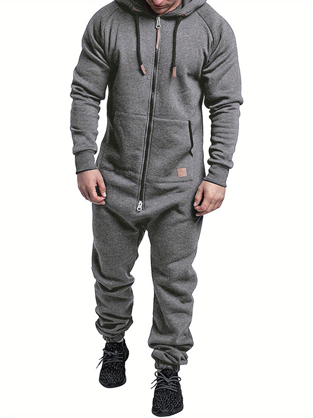 Men'S Hooded Fleece Lining Jumpsuit, Long Sleeve Full Zipper Overalls with Kangaroo Pockets