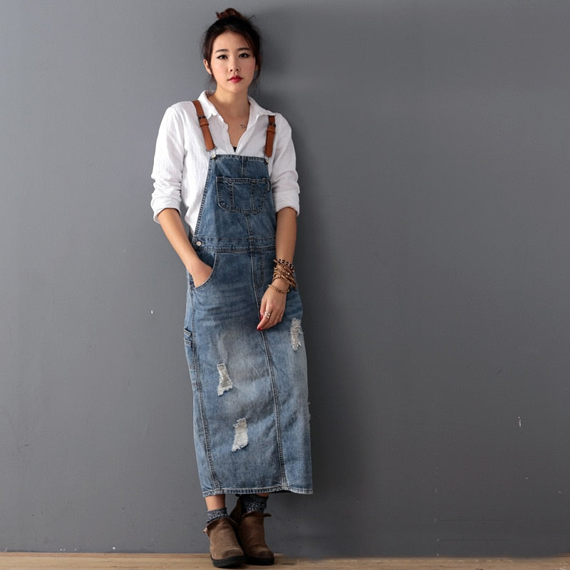 Ripped Denim Overall Dress - EVERRD USA