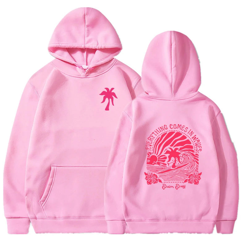 Everything Comes in Waves Grafik Sweatshirts Hoodies Frauen Surfer Liebhaber Geschenk Pink Palm Puff Cartoon Klassischer Street Style Hoodie