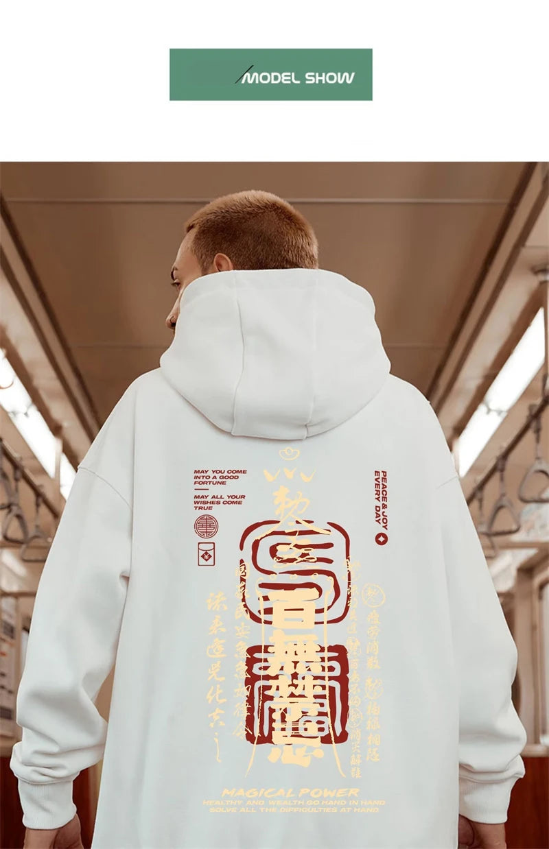 Kinesiska karaktärstryck Grafiska huvtröjor för män Höstbrev Y2K Streetwear Sweatshirts Anime Harajuku Mode Pullover Hoodie