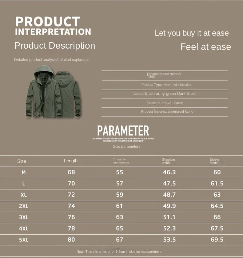 Fashion Men's Casual Windbreaker Jackets Hooded Jacket Man Waterproof Outdoor Soft Shell Winter Coat Clothing Warm Plus Size