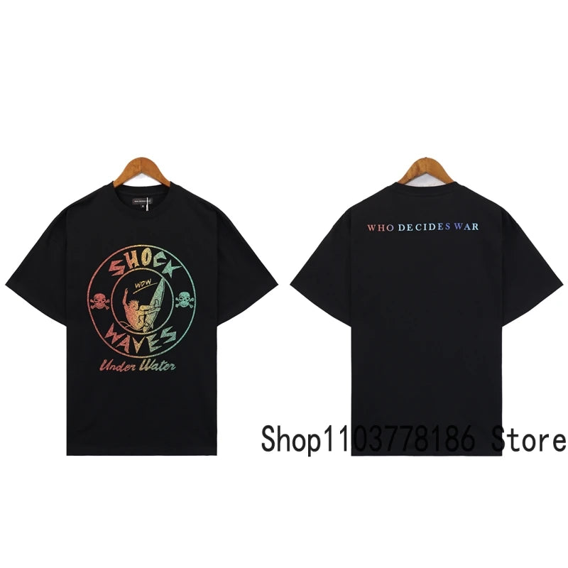 Men's Clothing Who Decides War T-shirts American Street Loose Washed Black Do Old Tops Breathable Cotton WDW Short Sleeve