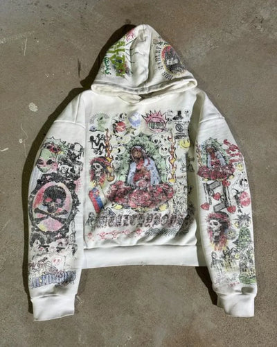 Y2K New Graffiti Style Pullover Hoodie Men Women Harajuku Vintage Graphic Printed White Sweatshirt Terry Cotton  Casual Clothing