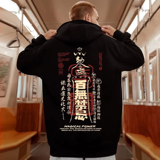 Kinesiska karaktärstryck Grafiska huvtröjor för män Höstbrev Y2K Streetwear Sweatshirts Anime Harajuku Mode Pullover Hoodie