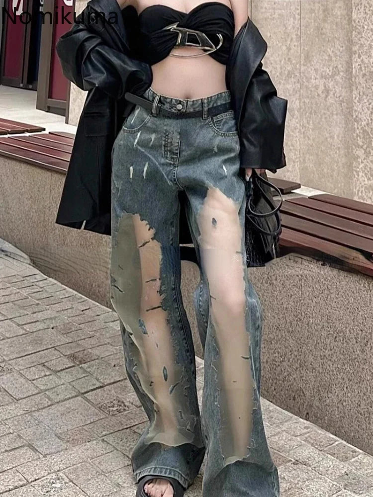 Harajuku Y2k Jeans for Women High Waisted Summer Fashion Wide Leg Pants New Bottoms Casual Hollow Out Straight Pantalon Femme