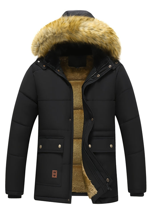 Men's Winter Warmth Hooded Jacket with Detachable Hat - Thick Fleece-Lined, Windproof Coat for Outdoor Activities