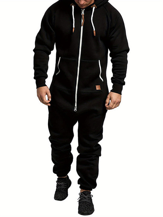 Men'S Hooded Fleece Lining Jumpsuit, Long Sleeve Full Zipper Overalls with Kangaroo Pockets