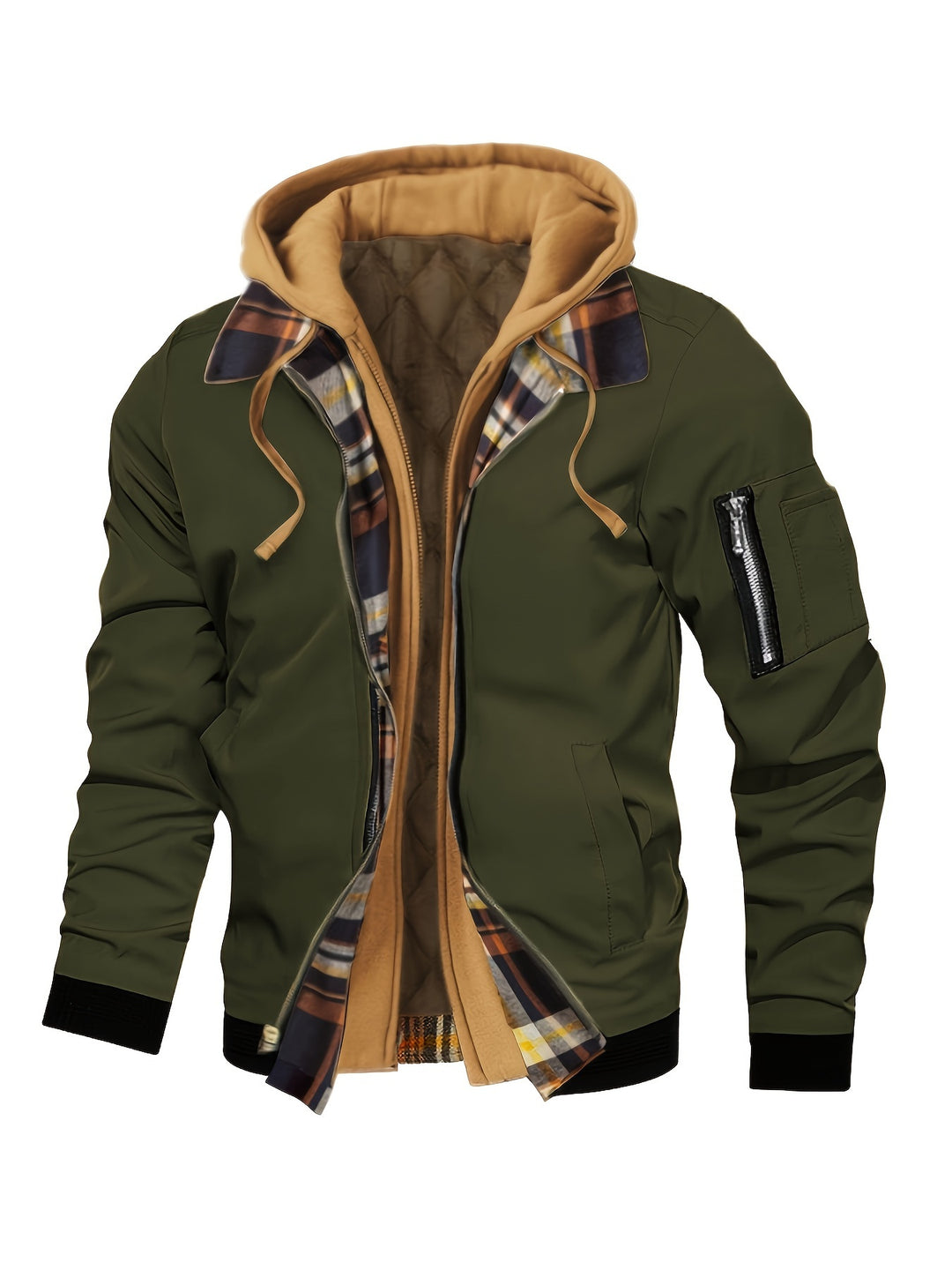 Men's Casual Fleece-Lined Hooded Jacket with Zip Pockets - Perfect for Fall & Winter