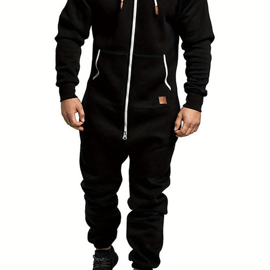 Men'S Hooded Fleece Lining Jumpsuit, Long Sleeve Full Zipper Overalls with Kangaroo Pockets