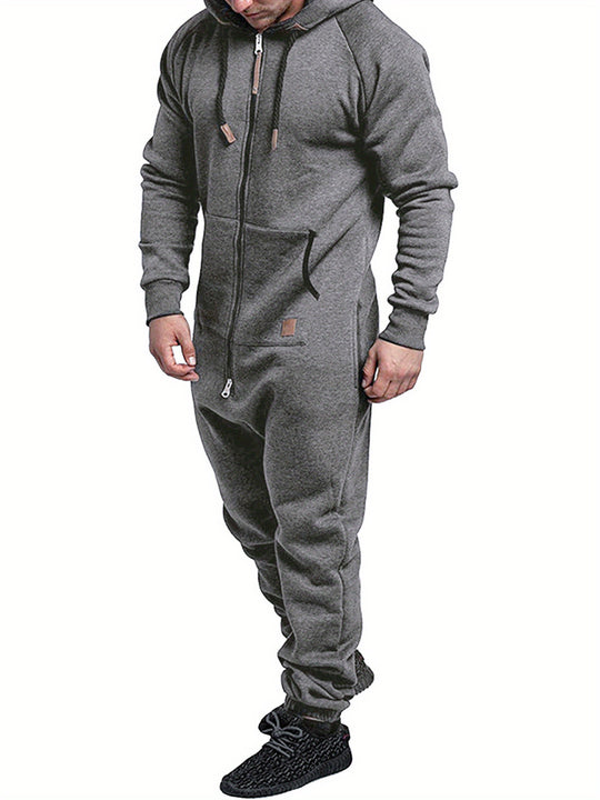 Men'S Hooded Fleece Lining Jumpsuit, Long Sleeve Full Zipper Overalls with Kangaroo Pockets