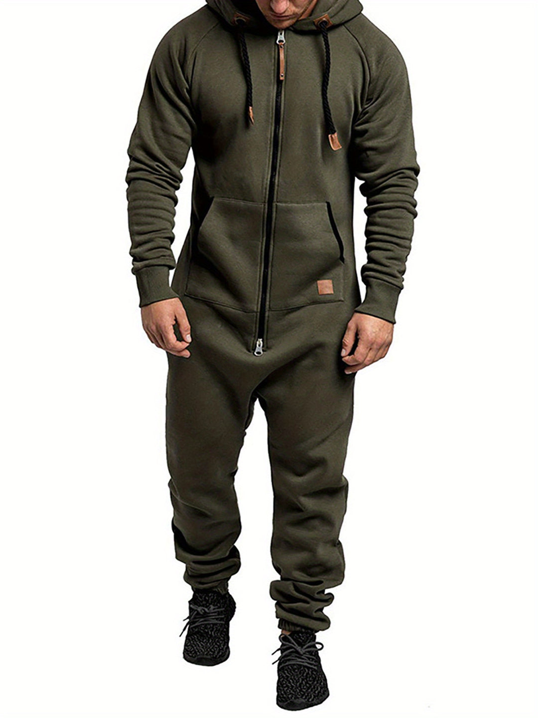 Men'S Hooded Fleece Lining Jumpsuit, Long Sleeve Full Zipper Overalls with Kangaroo Pockets