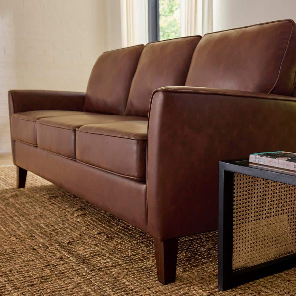 Doherty 79.9 In. Flared Arm Faux Leather Sofa in Chestnut Brown