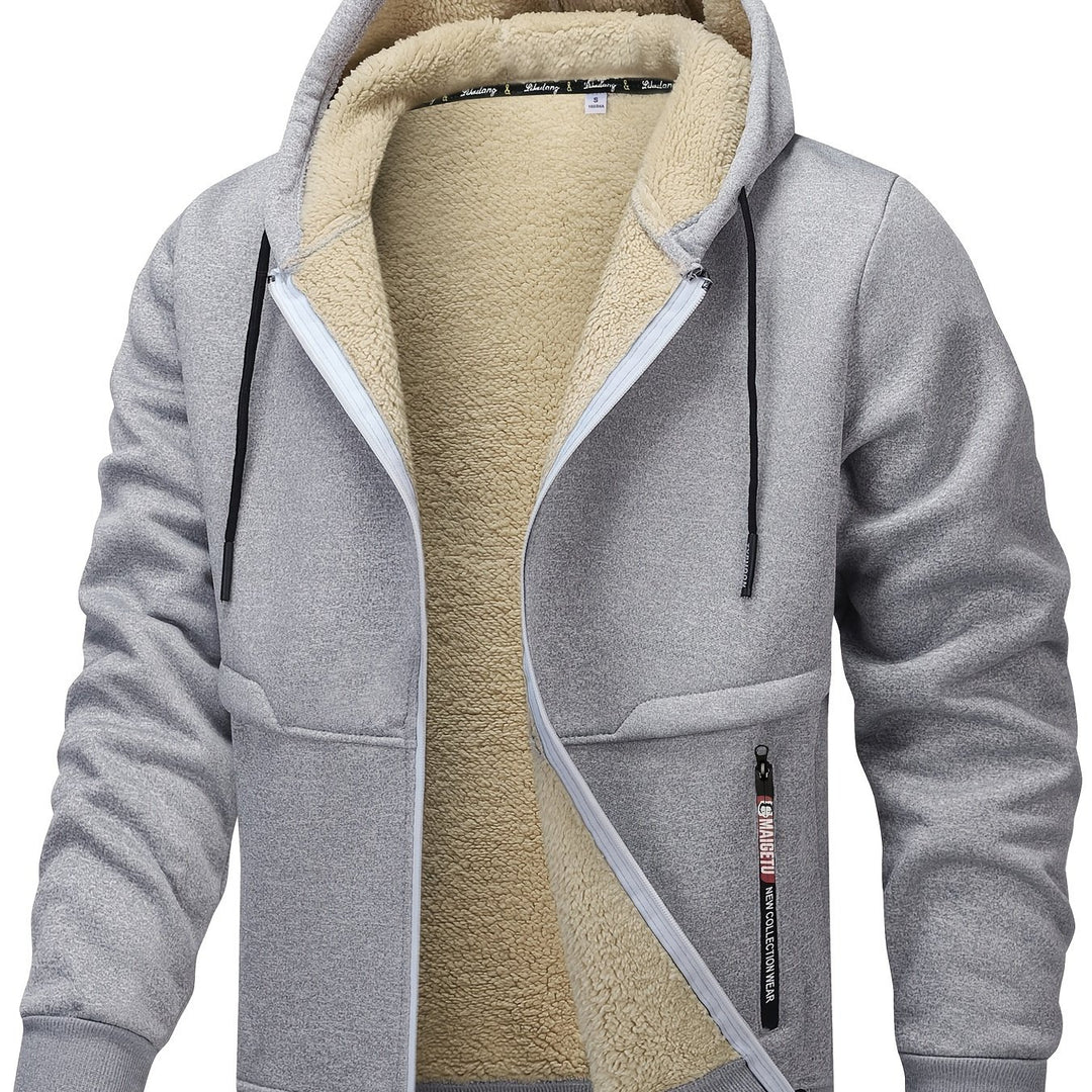 Men's Fleece-Lined Hooded Jacket - Casual, Stretchy & Breathable Zip-Up Coat for Fall/Winter Outdoor Activities - Fleece Lining - Suitable for Fall/Winter - Perfect Gift for Outdoor Enthusiasts