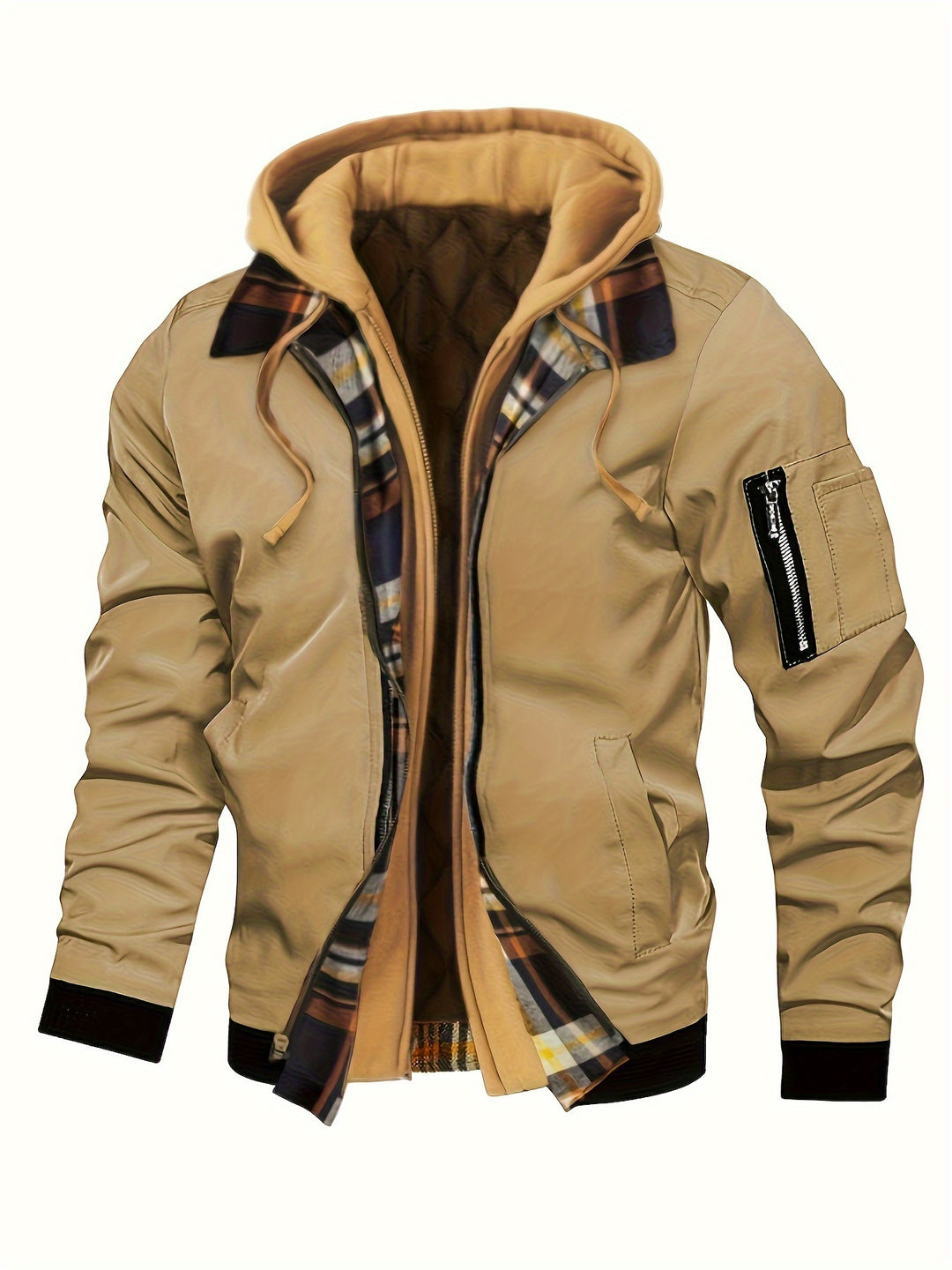 Men's Casual Fleece-Lined Hooded Jacket with Zip Pockets - Perfect for Fall & Winter