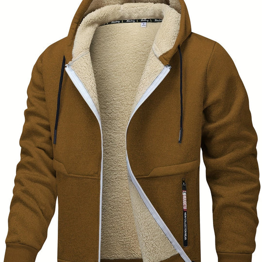 Men's Fleece-Lined Hooded Jacket - Casual, Stretchy & Breathable Zip-Up Coat for Fall/Winter Outdoor Activities - Fleece Lining - Suitable for Fall/Winter - Perfect Gift for Outdoor Enthusiasts