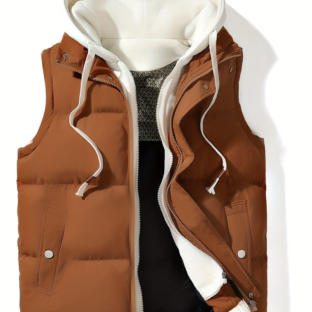 Luxury Faux Two-Piece Vest Jacket - Sleeveless, Hooded, Zip-Up Outerwear for Fall/Winter | Machine Washable