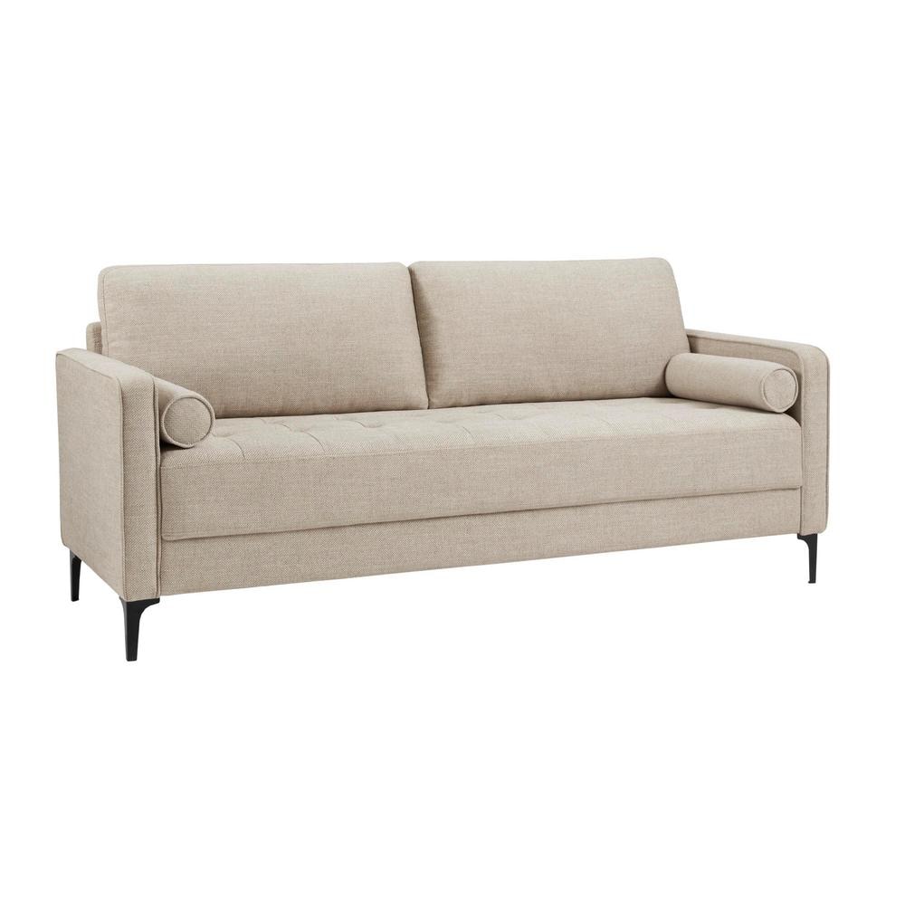 Goodwin Mid-Century Modern Square Arm Fabric Sofa with Throw Pillows in Sand Beige (75.6 In. L)